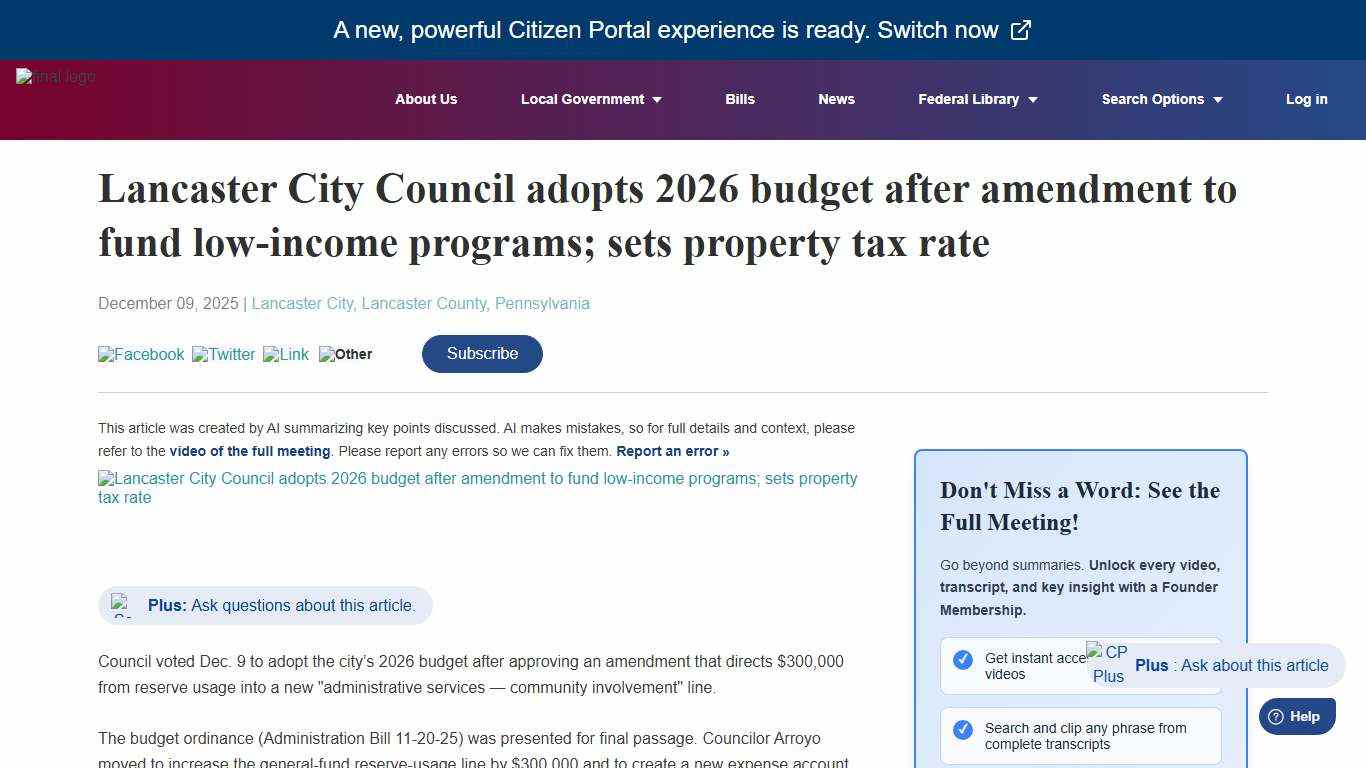 CitizenPortal.ai - Lancaster City Council adopts 2026 budget after amendment to fund low-income programs; sets property tax rate